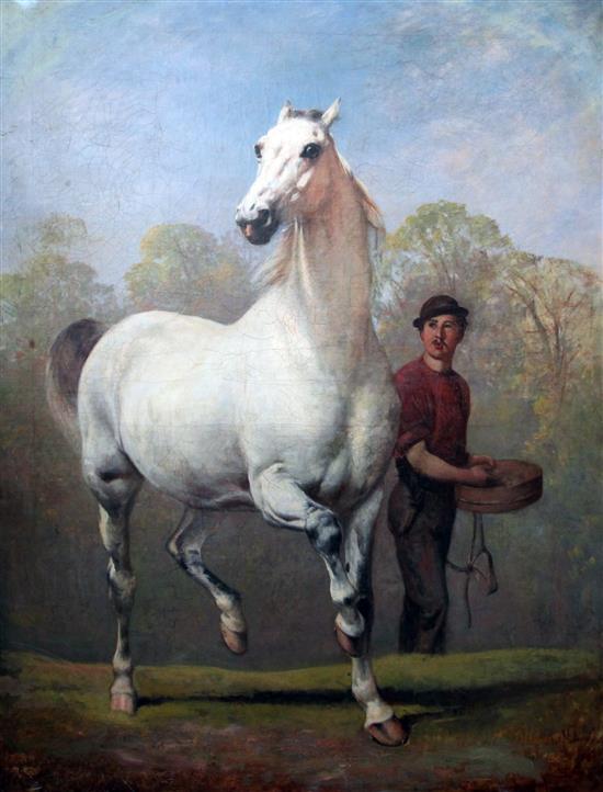 Alfred Corbould (fl.1831-75) White horse and groom in a landscape 50 x 40in.